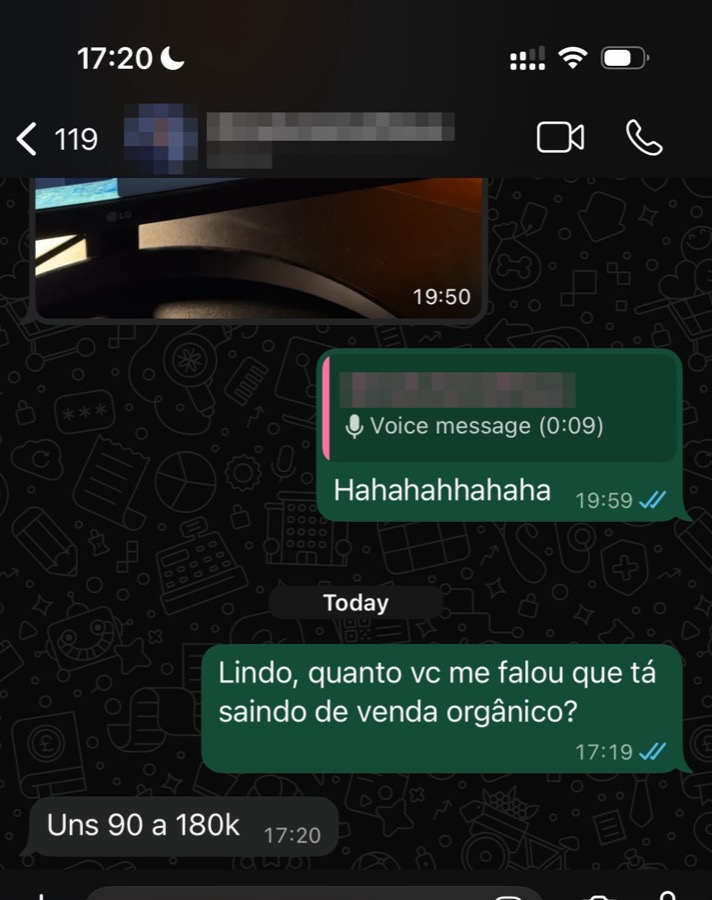 Conversa no WhatsApp: pergunta quanto está saindo de venda orgânica e o sócio responde: uns 90 a 180k